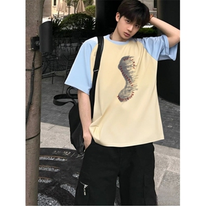 抖音得物高品质二开240克宽松纯棉美式潮牌插肩袖拼接短袖T恤图片