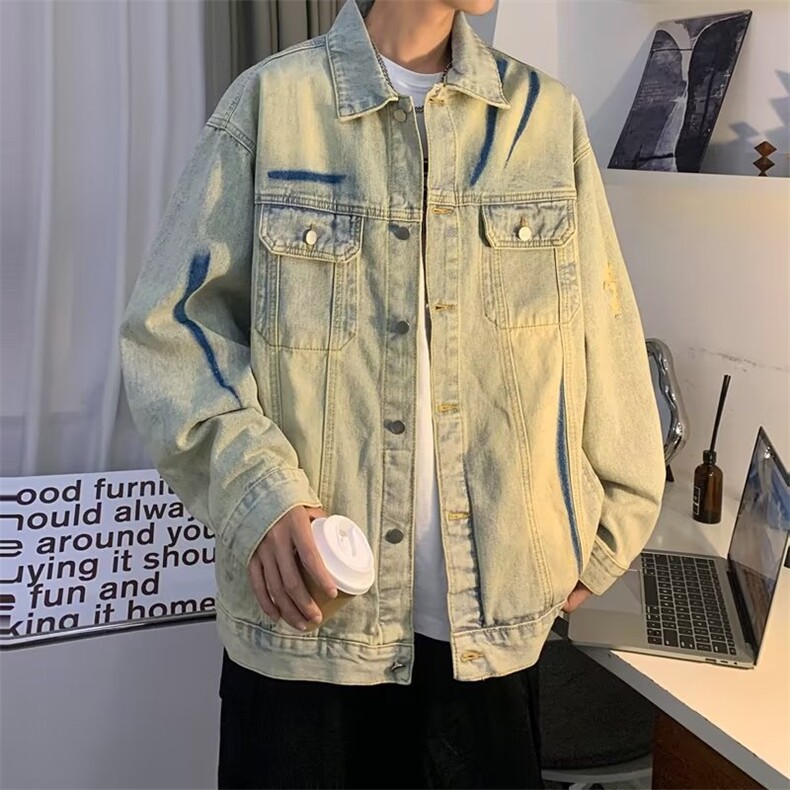 扎染黄泥色牛仔外套男款春秋季复古水洗做旧休闲工装夹克W049,男装夹克,星座1116A-1（原606A）