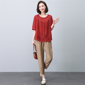 妈妈夏装套装女薄款2023新款时尚洋气高端休闲减龄短袖衬衫两件套图片