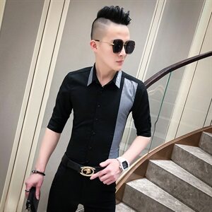 2021夏男衬衫英伦男中袖上衣韩版修身拼接男花衬衫A068-D824-P55图片