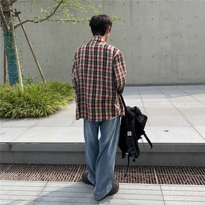 B413-1-DX891美式复古格子衬衫男女宽松休闲百搭潮流长袖衬衣外套图片