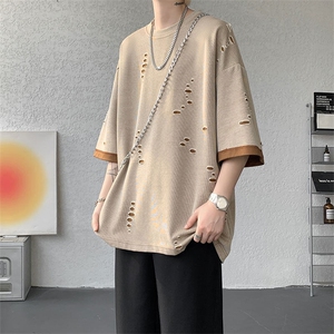 T10137-特批33  控68 开口笑高品质夏季大码短袖破洞潮流百搭T恤图片