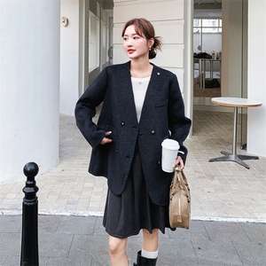 韩系黑色收腰双面呢羊毛西装外套女秋冬2025新款气质高级感大衣图片