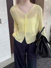 2025春夏新款V领长袖和纸纱针织开衫女韩版百搭洋气薄款防晒上衣，女装防晒衣，业大羊绒