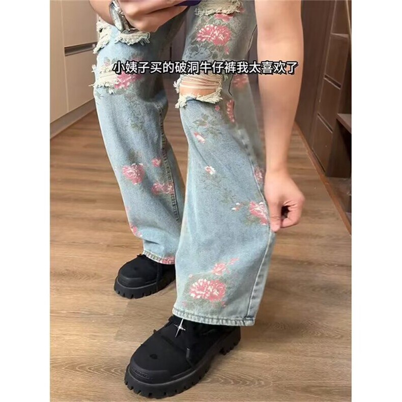 现货 玫瑰破洞牛仔裤女满印裤美式高街设计感直筒长裤L66200-P50图片