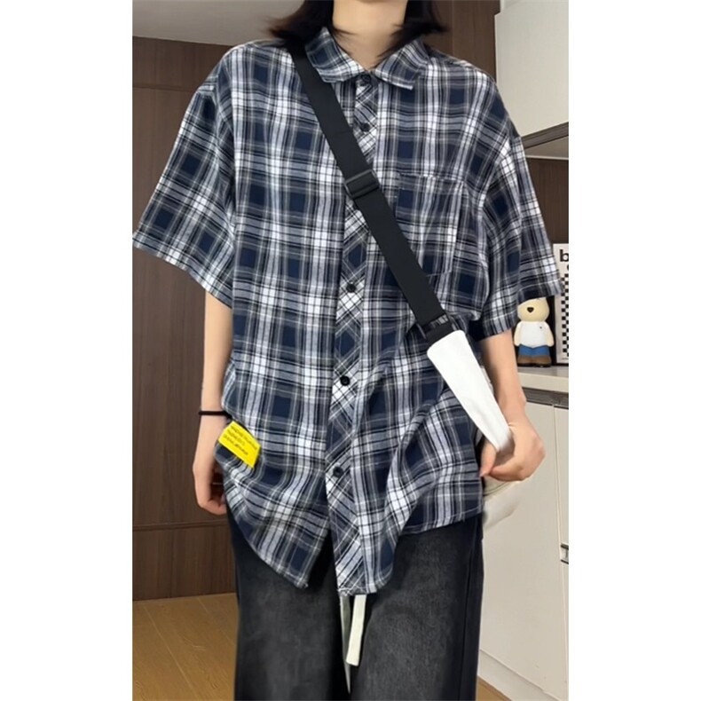 薄款格子短袖衬衫男款夏季潮牌复古轻薄透气大码宽松翻领休闲衬衣图片
