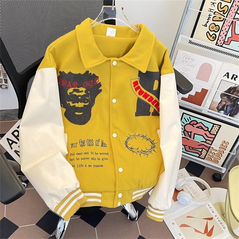 美式拼接撞色春黄色潮牌设计感男女宽松外套刺绣版W6511-P70图片