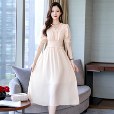 2023年夏季韩版时尚潮流木耳花边拼接中长款套头V领连衣裙通勤，女装连衣裙，火爆靓佳人