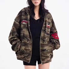大码胖mm美式高街迷彩开衫连帽卫衣外套女秋季oversize拉链上衣，女装短外套，星座218-8