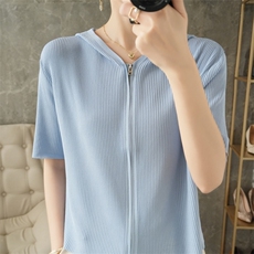 时尚百搭短袖针织衫女夏季新款韩版修身显瘦V领开衫薄款上衣外套，女装针织衫/毛衣，暖姿羊绒