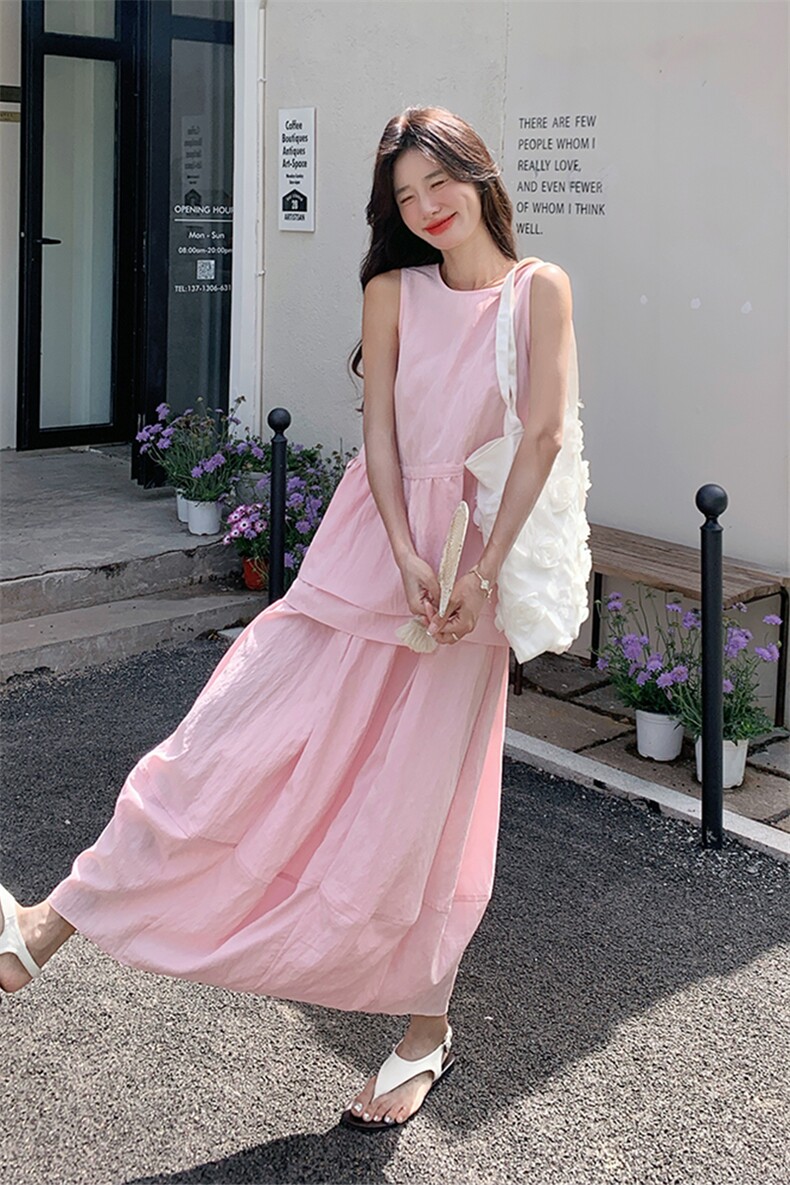 粉色无袖收腰小衫裙女夏新款超仙温柔风度假森系半身裙,女装半身裙,2C285