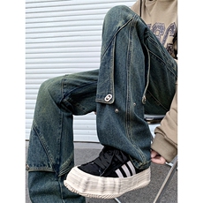 B221美式ins高街暗黑拼接直筒工装牛仔裤LK24147-P70控98，男装牛仔裤，电商B221