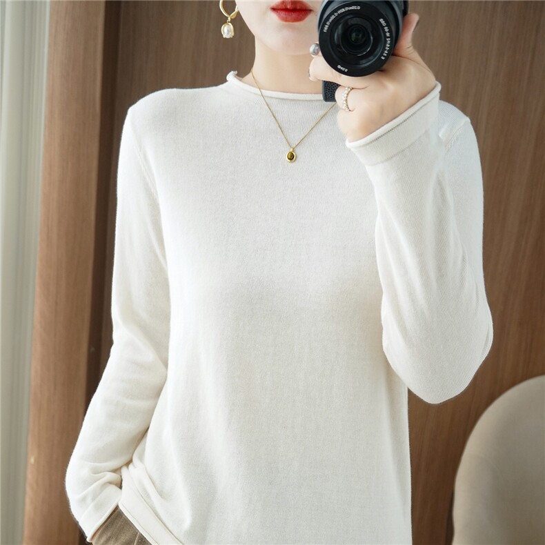 2025年秋季新款百搭女士卷边圆领长袖针织衫，女装针织衫/毛衣，品高羊绒