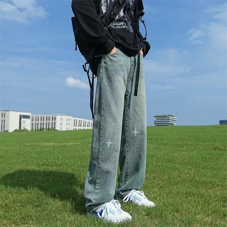 秋冬季潮牌牛仔裤男四芒星设计感做旧复古水洗松紧微喇裤子,男装牛仔裤,星座410-6（原星座1304-1）
