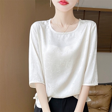 新中式国风真丝垂感提花衬衣女夏季2024新款醋酸缎面宽松短袖衬衫，女装T恤，朝贺羊绒