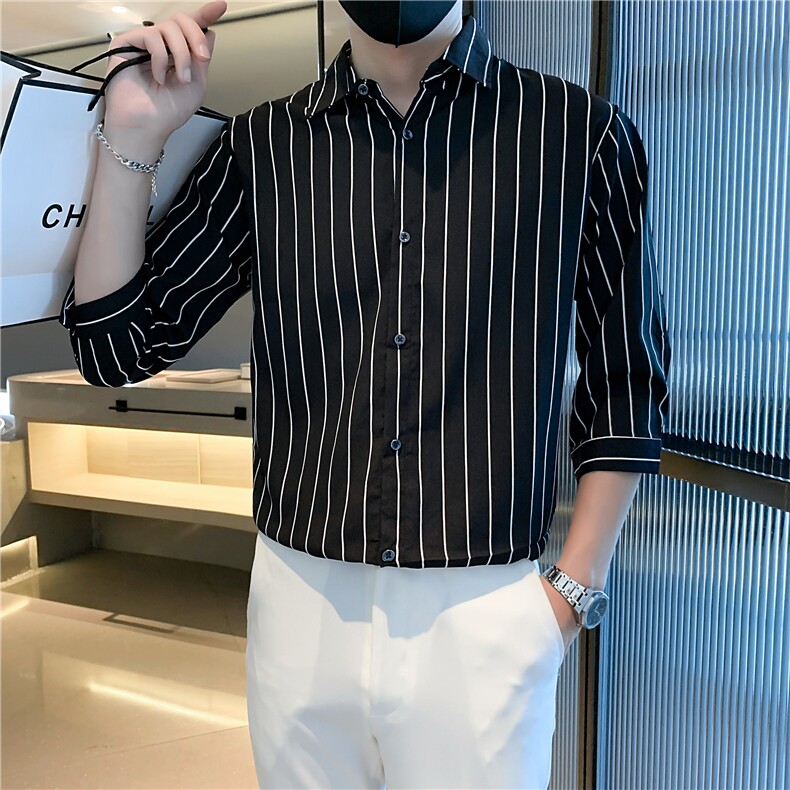 条纹七分袖衬衣新品轻熟风男装韩版修身衬衫男士C156-3-4-5,男装衬衫,星座1116A-2（原606A-1）