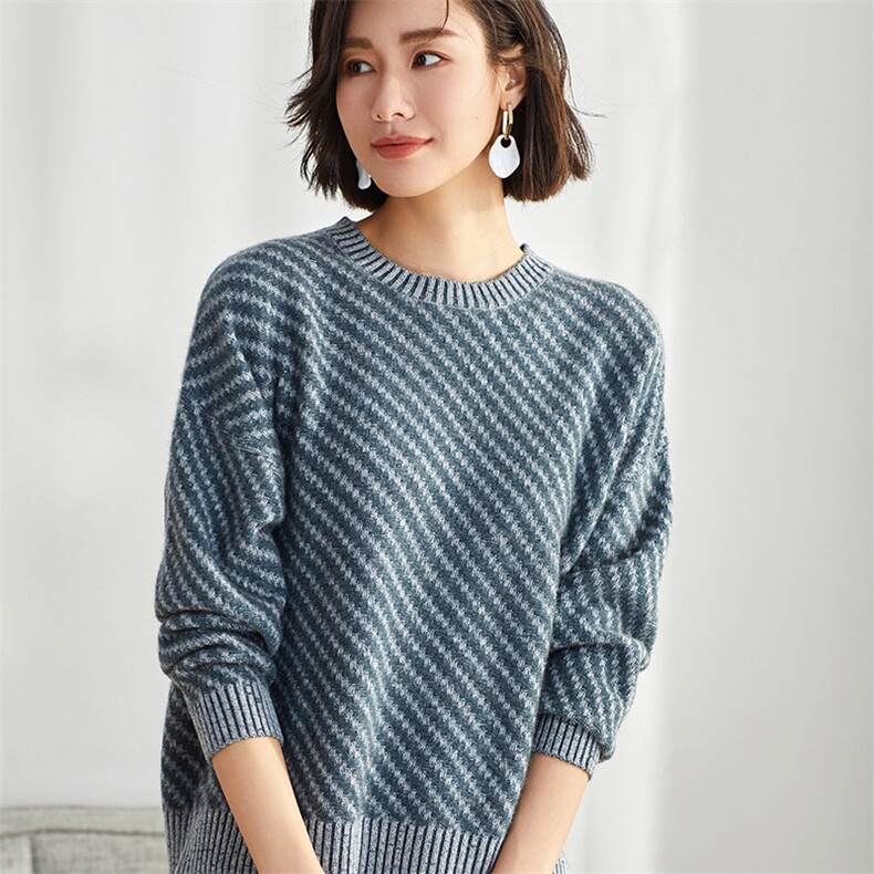时尚斜纹撞色圆领加厚羊绒衫显瘦百搭保暖女款毛衣,女装羊绒衫,牧群羊绒