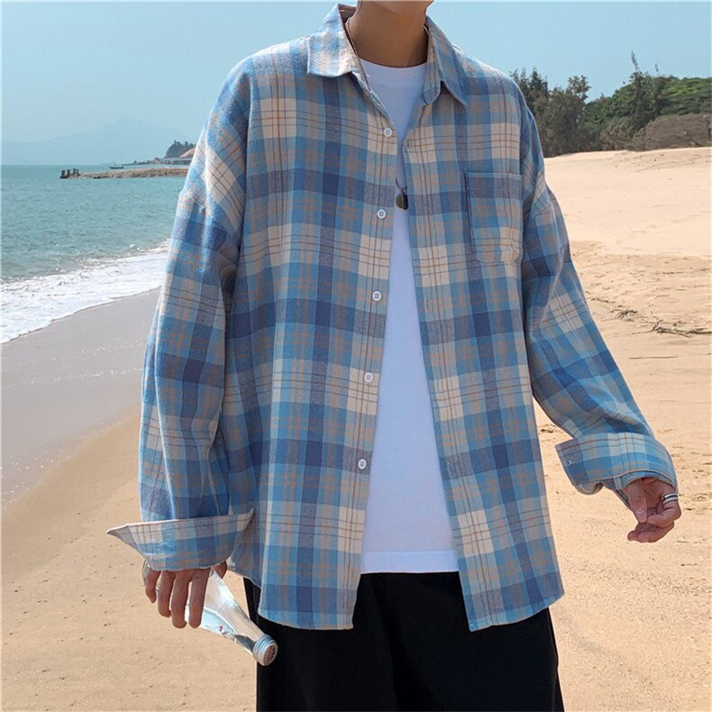 格子长袖潮牌潮流日系宽松港风百搭韩版复古休闲衬衣W1116-P36,男装衬衫,星座512-4