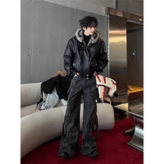 美式连帽座山雕皮衣外套棉服男冬季加绒痞帅毛领棉衣LS50433-P145，男装皮衣，星座1008
