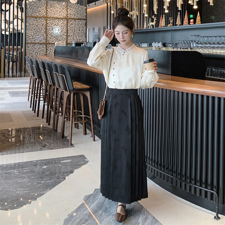 新中式轻风斜襟上衣缎面衬衣女款春秋古风立领衬衫女,女装衬衫,秀美人生