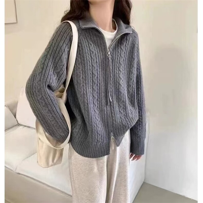长袖针织开衫女宽松百搭纯色拉链休闲外套上衣,针织衫/毛衣,鑫友供货