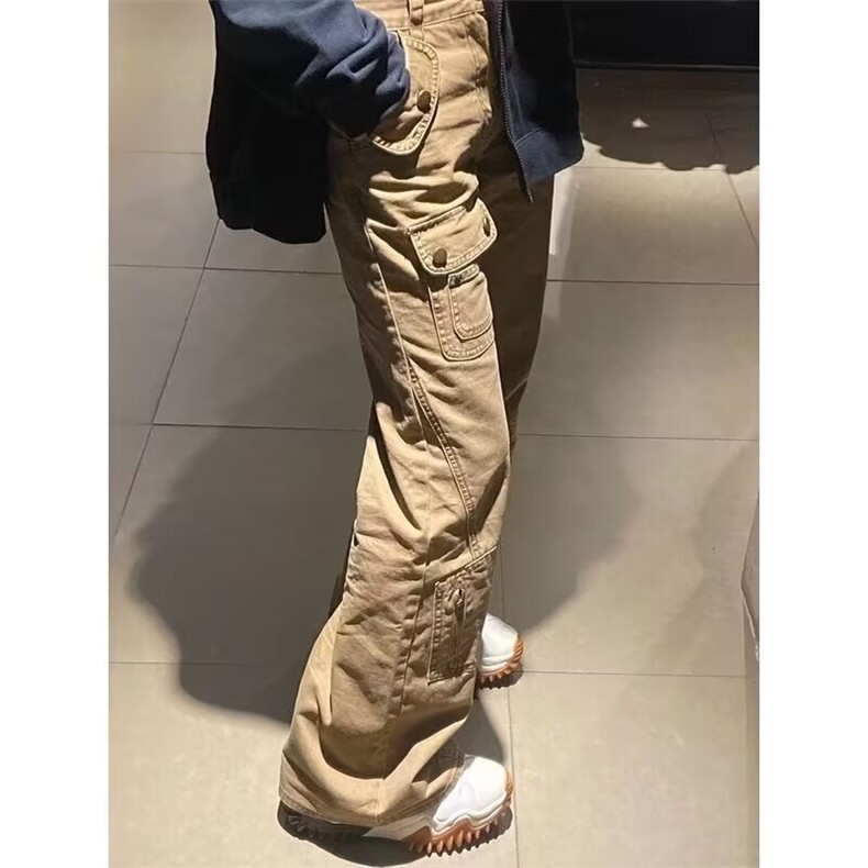 卡其色工装裤春秋新款美式高街直筒牛仔裤男复古垂感微喇叭长裤子，女装休闲裤，星座1210-1