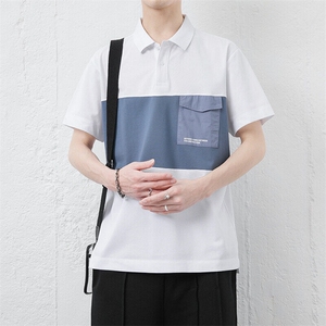 夏季男士翻领Polo短袖拼接撞色潮牌宽松落肩上衣图片