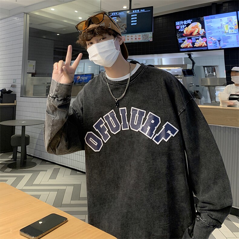 美式复古圆领卫衣男春秋潮牌水洗做旧长袖上衣ins潮宽松情侣外套,男装卫衣,星座1501-1
