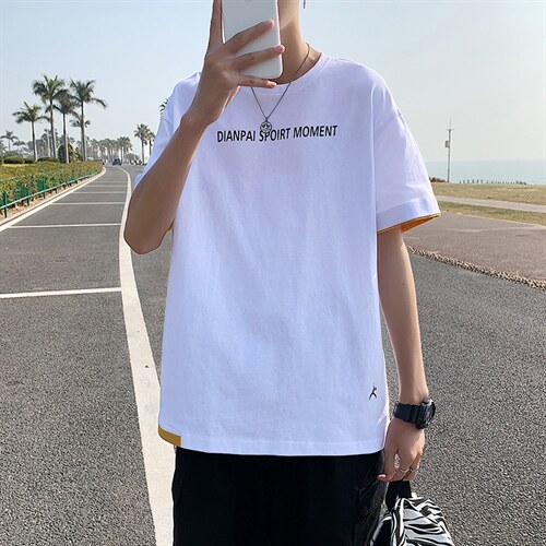 港风新款假两件字母印花短袖T恤男大码夏季撞色半袖T128P35控49，男装T恤，电商A089-1