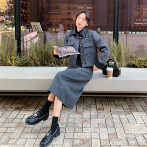 【冬日新品】翻领撞色大口袋白鸭绒毛呢套装2D148-A358-P260-K385图片