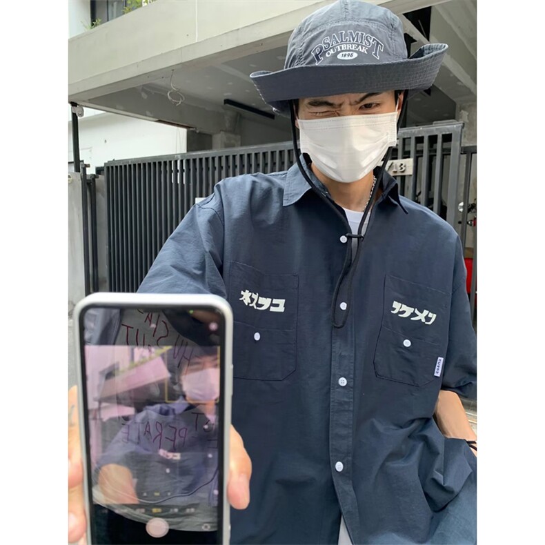 时尚男青春流行方领日系标准潮潮流夏季纯色衬衫五分袖MC30P30图片