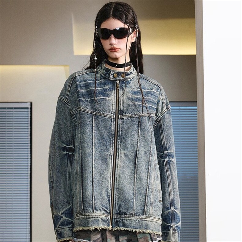 XZ0579-P75韩版潮牌机甲做旧水洗毛边牛仔夹克男女春秋季休闲外套,男装工装外套,电商C233