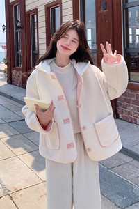 粉色两面穿羊羔毛外套女2024年冬季新款奶fufu小个子加厚连帽棉服图片
