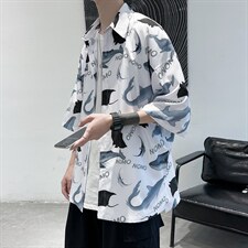 夏季鱼满印冰丝短袖衬衫宽松衬衣A071-C20-P35,男装衬衫,电商A071