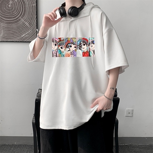LD54250-P45 京剧脸谱风连帽短袖t恤男大码带帽五分袖 大皂风图片