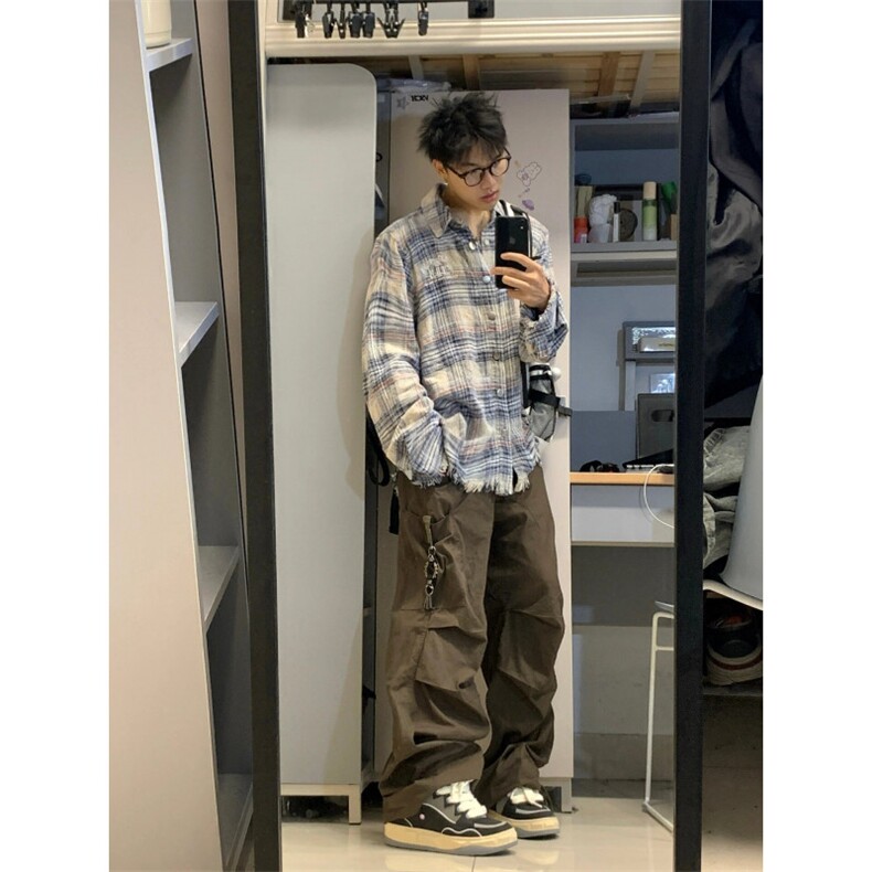 美式复古格子衬衫女长袖开衫cleanfit外套宽松情侣上衣潮B320-P55,男装衬衫,星座1007（原301D）
