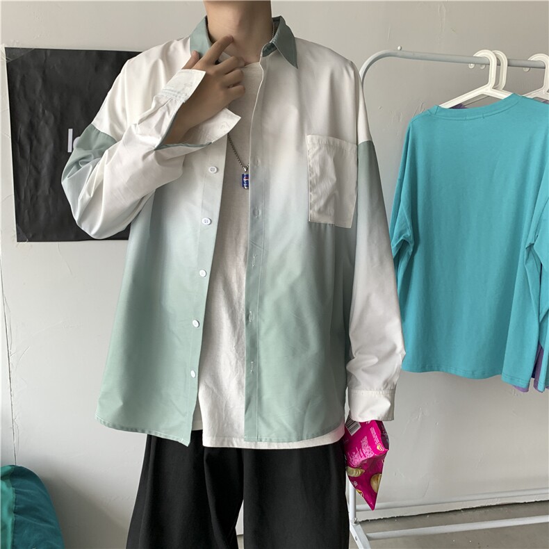 714-1-c26男长袖秋潮流帅气复古休闲港风chic上衣扎染衬衫2,男装衬衫,星座1404-3