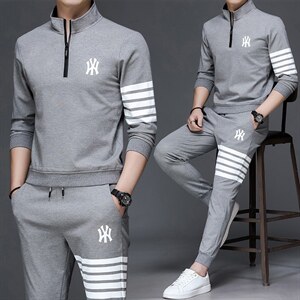 男士刺绣卫衣套装春秋季两件套翻领套头商务休闲服中年运动套装图片