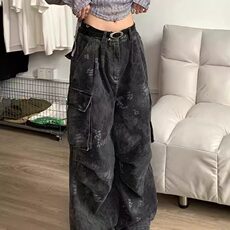 美式复古迷彩蛇纹工装牛仔裤高街辣妹宽松直筒阔腿拖地裤NA1986，男装牛仔裤，星座1116A（原606A-3）