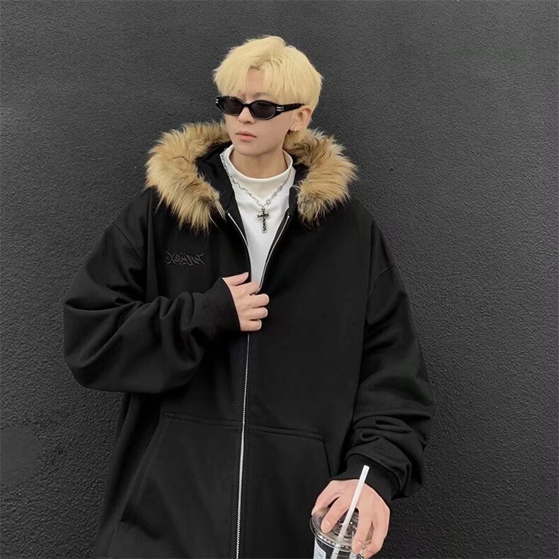 宽松型外套潮牌街头百搭休闲慵懒风小众日常长袖毛领厚款WY06P62，女装短外套，星座1013-5