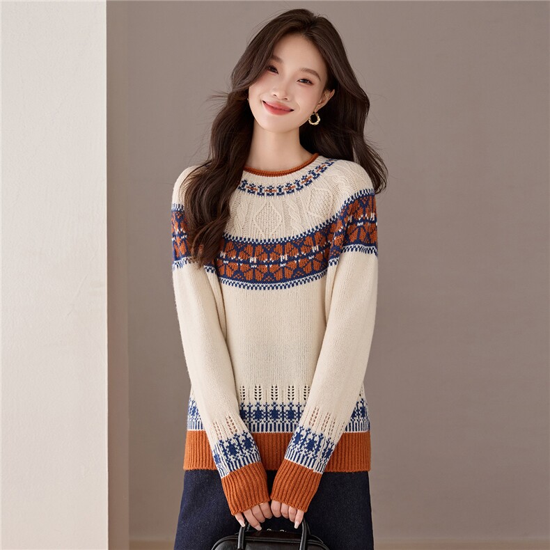 费尔岛针织衫冬新款大码胖mm毛衣独特漂亮高级感100羊毛打底衫，女装羊毛衫，艾米
