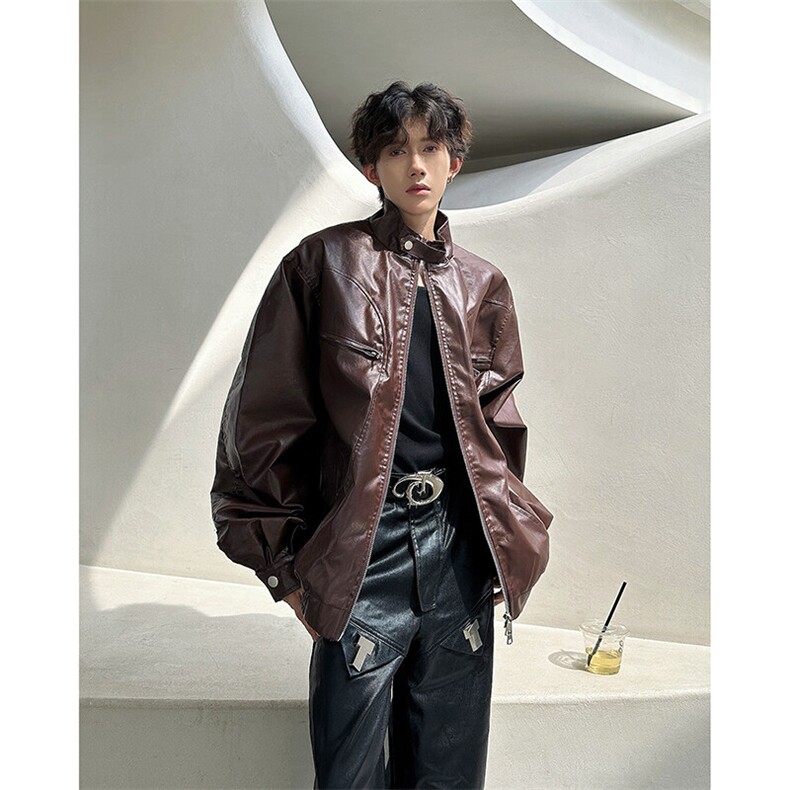 美式复古拉链装饰PU皮短款夹克男春秋新款机车外套JK08551-P75,男装夹克,星座308B-1