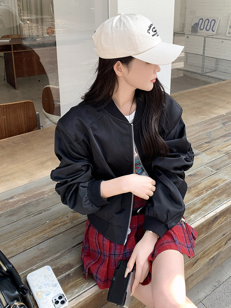 时尚黑色短款外套拼接袖片抽皱设计显瘦百搭潮流女装,女装短外套,鑫慧