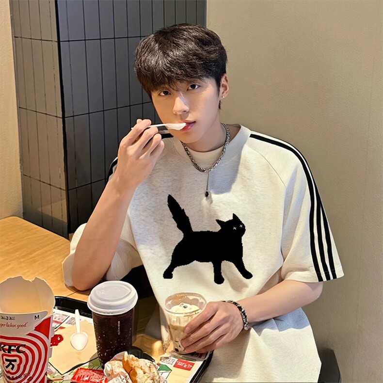 抖音得物高品质二开240克宽松纯棉美式潮牌三条杠织带短袖T恤，男装T恤，电商A486-1