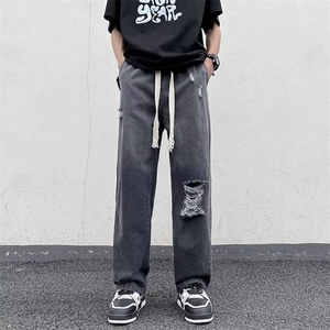 春季复古牛仔直筒裤vibe高街抽绳潮牌男休闲百搭长裤N02227-P42图片