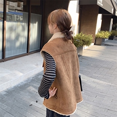 咖色皮毛一体麂皮绒马甲女秋冬新款韩版甜酷风加绒加厚时尚外套潮，女装羊羔毛/颗粒绒，浙宝069