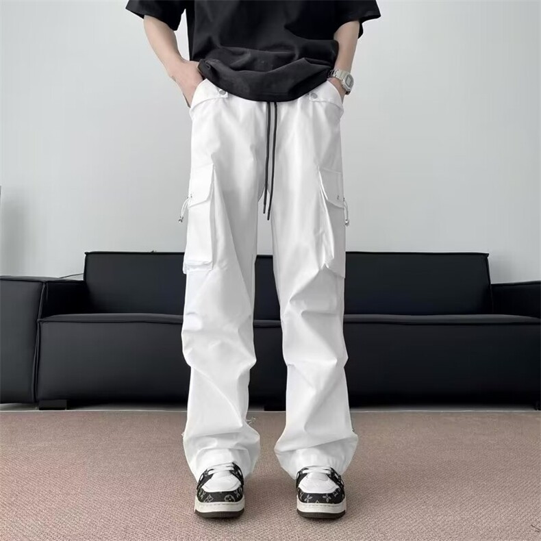 宽松直筒黑色松紧腰休闲工装裤男女防水户外多口袋褶皱伞兵冲锋裤图片