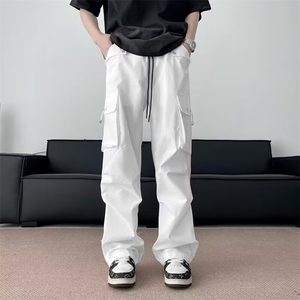 宽松直筒黑色松紧腰休闲工装裤男女防水户外多口袋褶皱伞兵冲锋裤图片