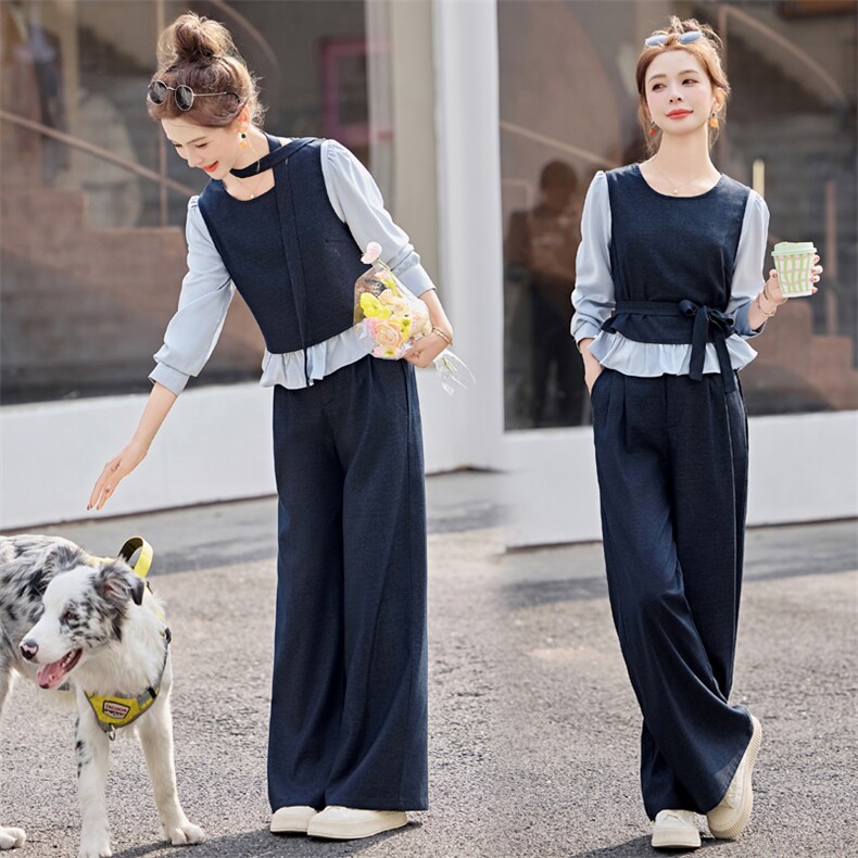 蓝色小香风时尚套装女春2026新款高级感休闲名人阔腿裤穿搭两件套，女装套装/套裙，意芙