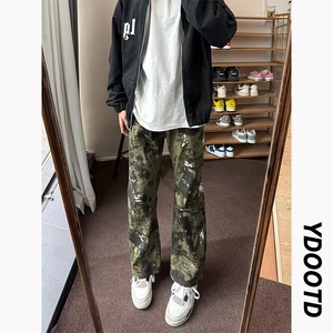 日系潮流百搭气质简约慵懒新款ins无品牌原宿绿色蛇纹牛仔裤流行图片